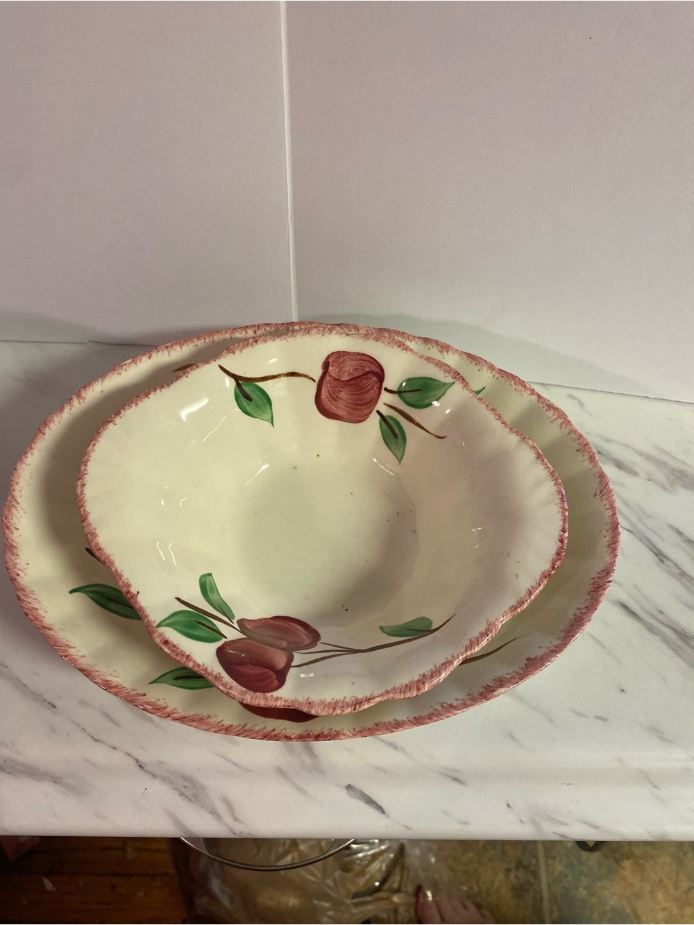 Hand-Painted Floral Ceramic Serving Bowl Set in Cream and Red. Crabapple pattern